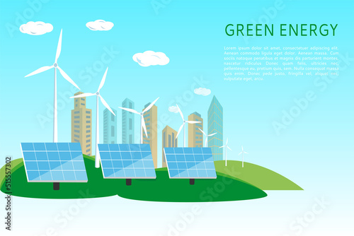 The concept of renewable energy sources from the sun and wind turbines. Green energy resources. Vector illustration