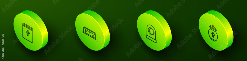 Set Isometric line Holy bible book, Coffin with cross, Muslim cemetery and Funeral urn icon. Vector Set Isometric line Holy bible book, Coffin with cross, Muslim cemetery and Funeral urn icon. Vector