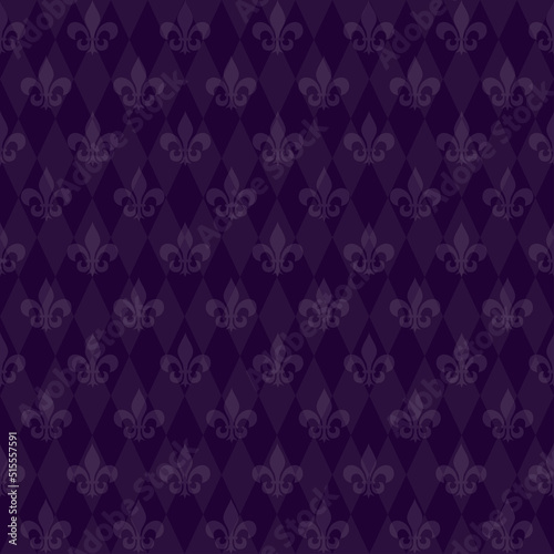 Mardi Gras seamless background. Purple background with diamonds and royal lilies. Vector illustration isolated on a white background for design and web.