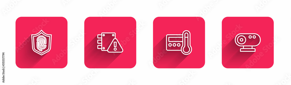 Set line Fingerprint, House under protection, Thermostat and Web camera with long shadow. Red square button. Vector Set line Fingerprint, House under protection, Thermostat and Web camera with long shadow. Red square button. Vector