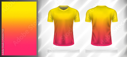 Vector sport pattern design template for V-neck T-shirt front and back with short sleeve view mockup. Pink-yellow color gradient geometric circle halftone texture background illustration. photo