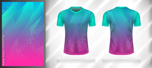 Vector sport pattern design template for T-shirt front and back view mockup. Blue-green-pink color gradient curve line texture background illustration.