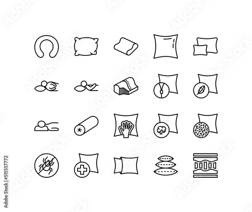 Pillow flat line icons set. Accessory For Travel And Bedroom, Orthopedic pillow with Foam memory, Cervical cushion. Simple flat vector illustration for web site or mobile app