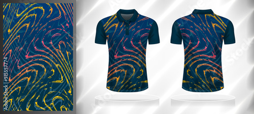 Vector sport pattern design template for Polo T-shirt front and back view mockup. Dark and light shades of blue with yellow-pink color abstract curve line texture background illustration.