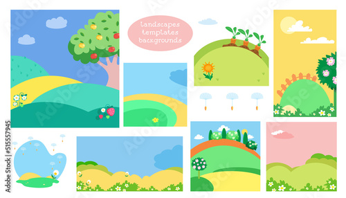 ДлSet natural landscapes with hills, sky, plants, tree. Template for paintings and compositions. Background for design. Flat cartoon style. Vector color illustration.я Интернета