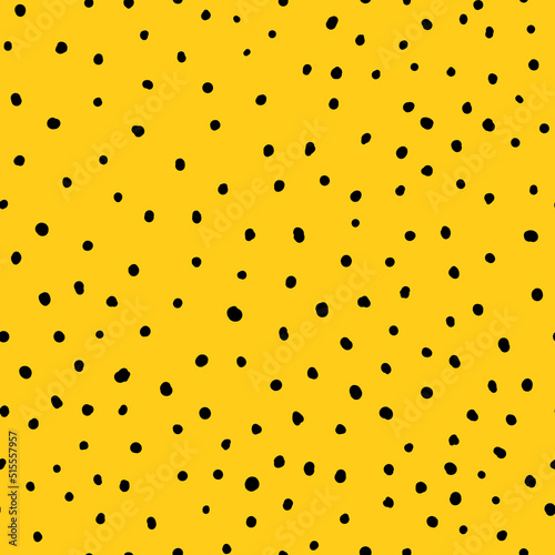 Abstract hand drown polka dots background. Yellow dotted seamless pattern with black circles. Template design for invitation, poster, card, flyer, textile, fabric