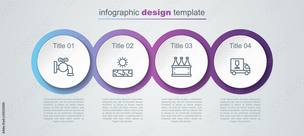Set line Tap for a barrel, Drought, Bottles of wine in box and Wine truck. Business infographic template. Vector Set line Tap for a barrel, Drought, Bottles of wine in box and Wine truck. Business infographic template. Vector
