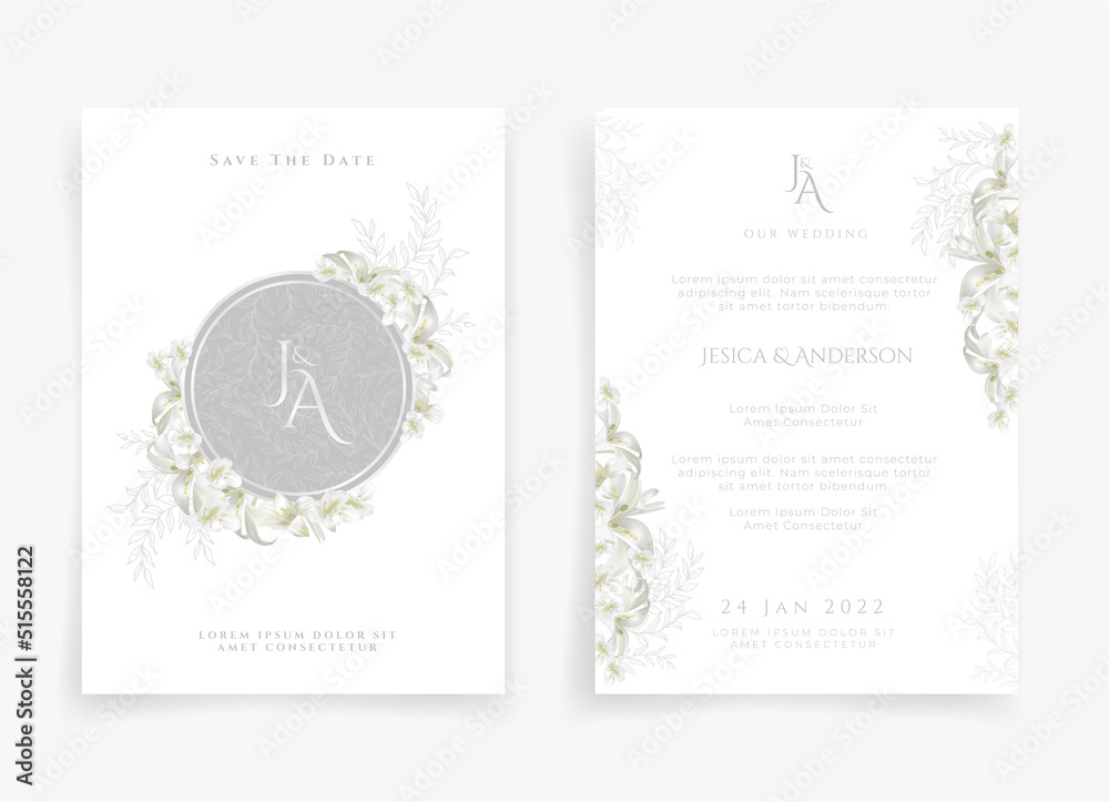 White wedding card or invitation card in white flower theme White wedding card or invitation card in white flower theme