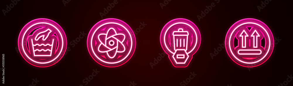 Set line Hand wash laundry, Test tube flask, Trash can and Temperature. Glowing neon icon. Vector Set line Hand wash laundry, Test tube flask, Trash can and Temperature. Glowing neon icon. Vector