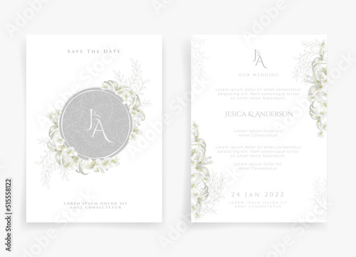 White wedding card or invitation card in white flower theme