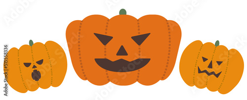 オレンジ色のハロウィーンカボチャが3個横並びのカットイラスト