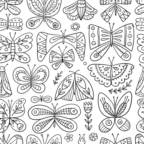 Ornate butterflies. Seamless pattern background for your design. Colouring page
