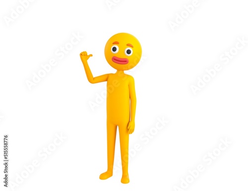 Konstfotografi Yellow Man character pointing back thumb up empty space in 3d rendering