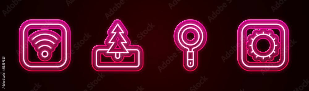 Set line Wi-Fi wireless internet, Tree, Magnifying glass and Sun. Glowing neon icon. Vector Set line Wi-Fi wireless internet, Tree, Magnifying glass and Sun. Glowing neon icon. Vector