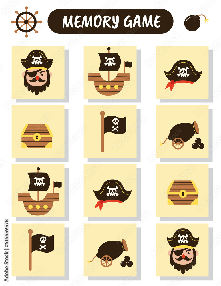 Fototapeta premium Educational memory game for children, vector cards with cute pirate elements.