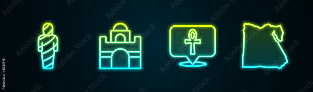 Set line Egypt mummy, Egyptian house, Cross ankh and Map of. Glowing neon icon. Vector Set line Egypt mummy, Egyptian house, Cross ankh and Map of. Glowing neon icon. Vector