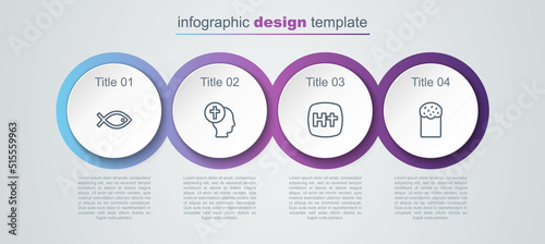 Set line Christian fish symbol, Priest, cross and Easter cake. Business infographic template. Vector