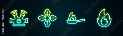 Set line Fire hydrant  Firefighter  Pan with fire and flame. Glowing neon icon. Vector