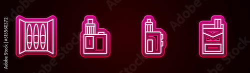 Set line Cigar, Vape mod device, and Cigarettes pack box. Glowing neon icon. Vector