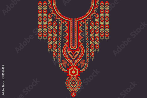 Vector ethnic neckline embroidery flower red-gold color Indian style on black background. Elegant tribal art shirts fashion.