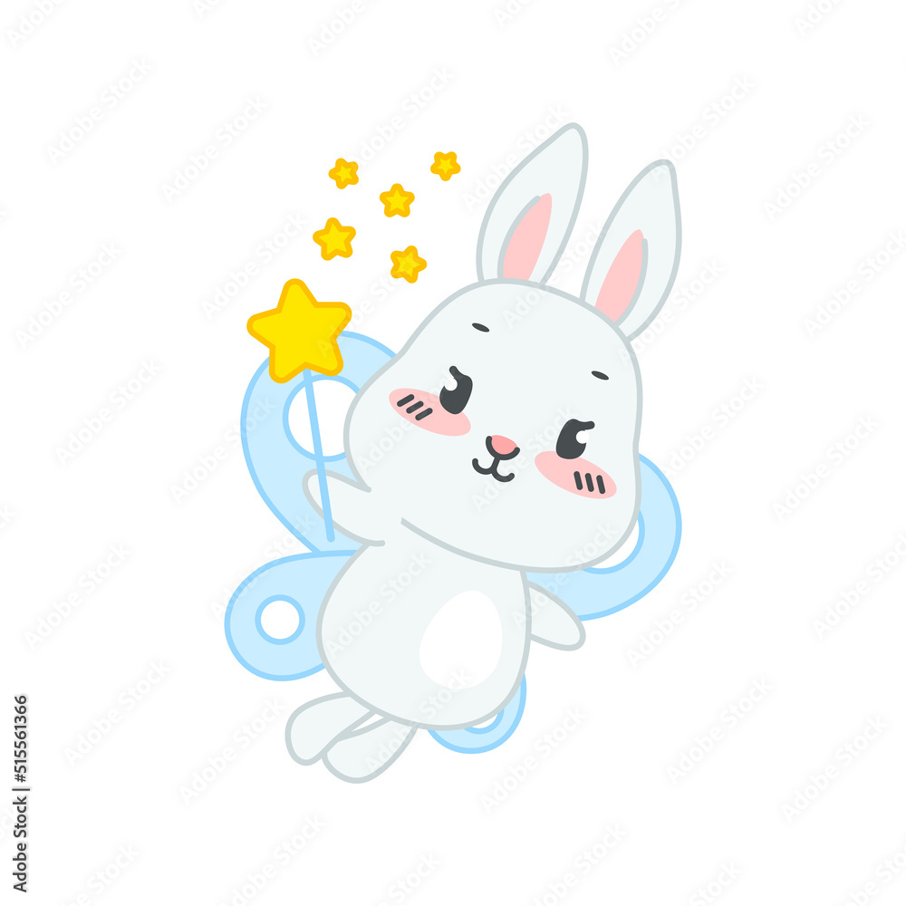 Obraz premium Cute fairy bunny. Flat cartoon illustration of a happy little rabbit with butterfly wings and a magic wand isolated on a white background. Vector 10 EPS.