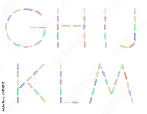 Watercolor embroidery colorful letters G H I J K L M of alphabet. ABC symbols with machine embroidered texture, stitch effect Illustration.