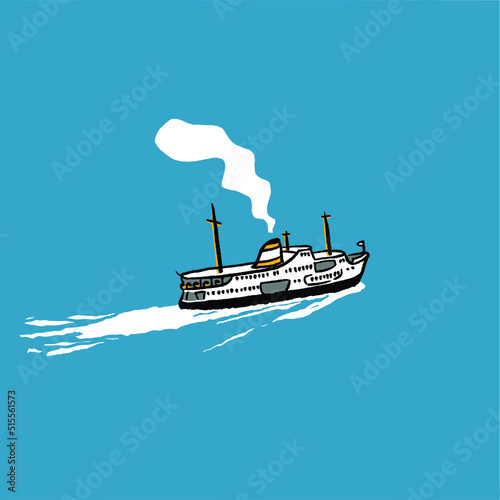 Ferry passing through Istanbul bosphorus. Isometric vector on blue background. Istanbul vapuru.