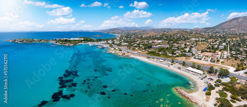 Fototapeta Naklejka Na Ścianę i Meble -  Aerial view of the beautiful Kiteza beach at Lagonisi, south of Athens city, Attica, Greece, during summer time