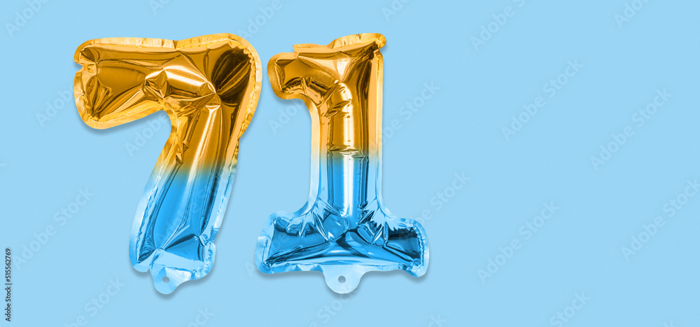 Rainbow foil balloon number, digit seventy one on a blue background. Birthday greeting card with inscription 71. Top view. Numerical digit. Celebration event, template. Banner Rainbow foil balloon number, digit seventy one on a blue background. Birthday greeting card with inscription 71. Top view. Numerical digit. Celebration event, template. Banner