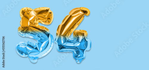 Rainbow foil balloon number, digit fifty four on a blue background. Birthday greeting card with inscription 54. Top view. Numerical digit. Celebration event, template. Banner photo