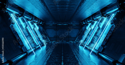 Fotografie, Obraz Blue spaceship interior with neon lights on panel walls
