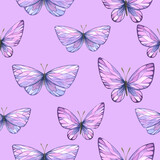 Abstract butterflies are pink and purple. Watercolor illustration. Seamless pattern from a large Lavender SPA set. For fabric, textiles, wallpaper, paper, packaging, souvenirs, clothing, accessories.