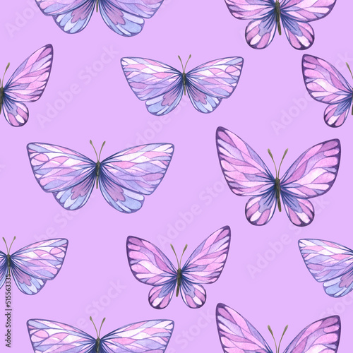 Abstract butterflies are pink and purple. Watercolor illustration. Seamless pattern from a large Lavender SPA set. For fabric, textiles, wallpaper, paper, packaging, souvenirs, clothing, accessories.