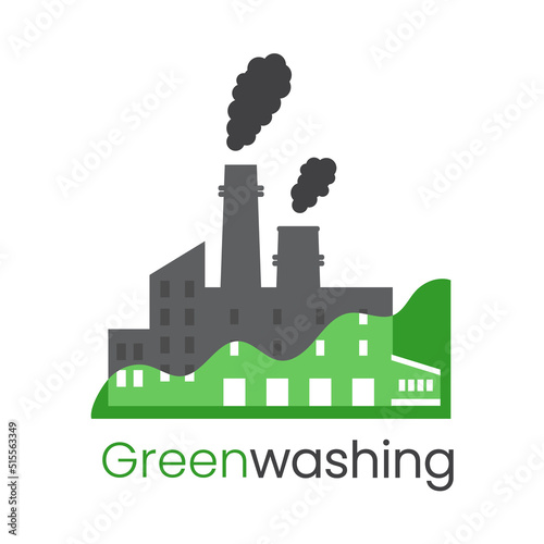 The concept of greenwashing, disinformation of corporations, green marketing, non-transparent way, environmental responsibility, environmental pollution. Factory icon with smoke on white background