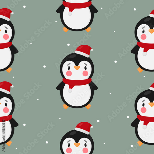 Fototapeta Naklejka Na Ścianę i Meble -  Seamless pattern with cute penguin. Vector illustration. For card, posters, banners, printing on the pack, printing on clothes, fabric, wallpaper.