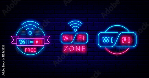 Wifi neon labels collection. Internet signs on brick wall. Multicolored emblems for cafe and bar. Vector illustration