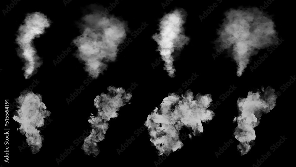 Smoke set isolated on black background. Transparent smoke effect. 