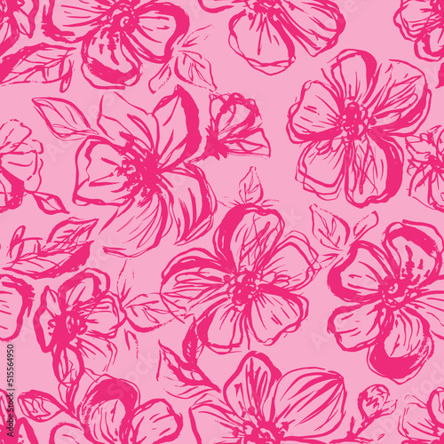 Seamless floral pattern on pink background. Abstract pink flowers, contour doodles. Stylish floral pattern for fashionable and interior textiles. Vector illustration