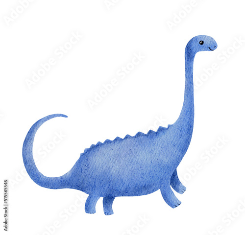 Cute dinosaur cartoon diplodocus. Chidish baby dino. Watercolor