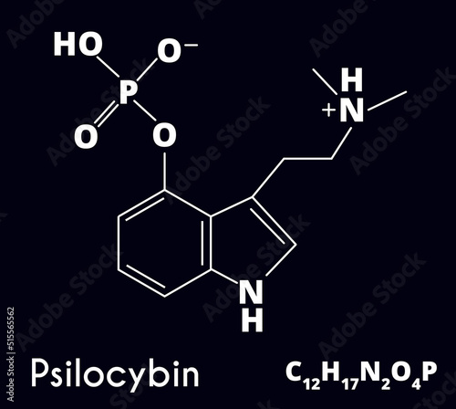 Psilocybin molecule isolated on black background. Recreational drug. Vector illustration.