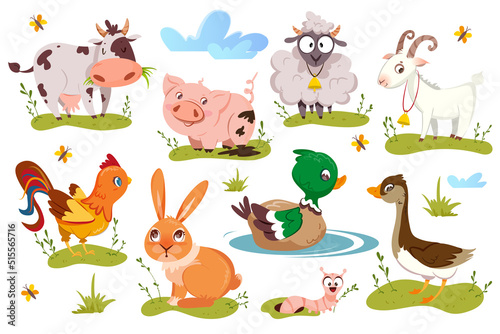 Flat cute farm animals and birds set isolated on white background. Livestock and cartoon funny farming pets. Vector illustration of cow  pig  sheep  goat and rabbit. Collection of duck  goose and hen.