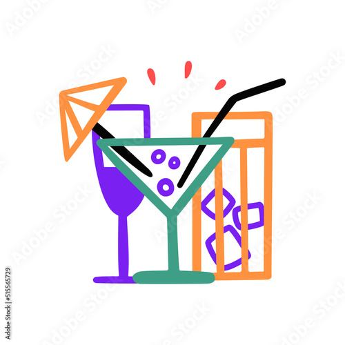 Three glasses with cocktails. Group of different drinks, ice, cocktail umbrella, wine, champagne, long drink, party. Vector outline hand drawn doodle cartoon style.