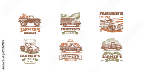 Farmer market labels or emblems with harvester trucks retro vector drawing of farming cars with crop in trunk. Agricultural transport for harvest shipping. isolated graphic elements set with machines
