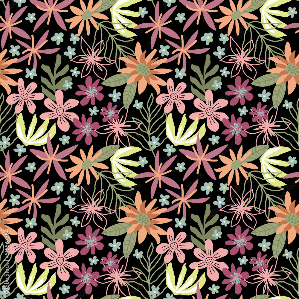 Seamless flower pattern, Floral repeat print, Garden bloom background, Summer flower field motif, Botanical wallpaper Seamless flower pattern, Floral repeat print, Garden bloom background, Summer flower field motif, Botanical wallpaper