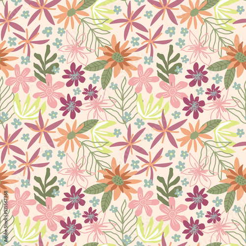 Seamless flower pattern, Floral repeat print, Garden bloom background, Summer flower field motif, Botanical wallpaper