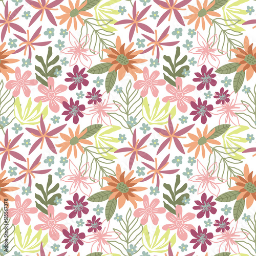 Seamless flower pattern  Floral repeat print  Garden bloom background  Summer flower field motif  Botanical wallpaper