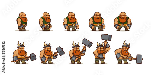 Viking cartoon character sprite sheet animation for 2d rpg game. Scandinavian warrior personage fight with hammer animated effect, barbarian with ginger beard different poses, Vector illustration