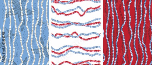 A set of seamless fashionable patterns on the marine theme.
Vertical and horizontal beaded stripes and starfish. Hand-drawn vector illustration for printing, fabric, textile, manufacturing, wallpapers