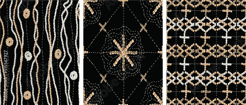 Set of seamless patterns in the old folk style. Golden embroidered ornament on a black background. Beads. Hand-drawn vector illustration for printing, fabric, textile, manufacturing, wallpapers.