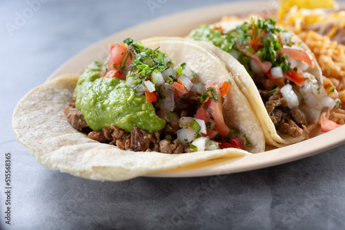 A view of a two carne asada tacos on a plate.